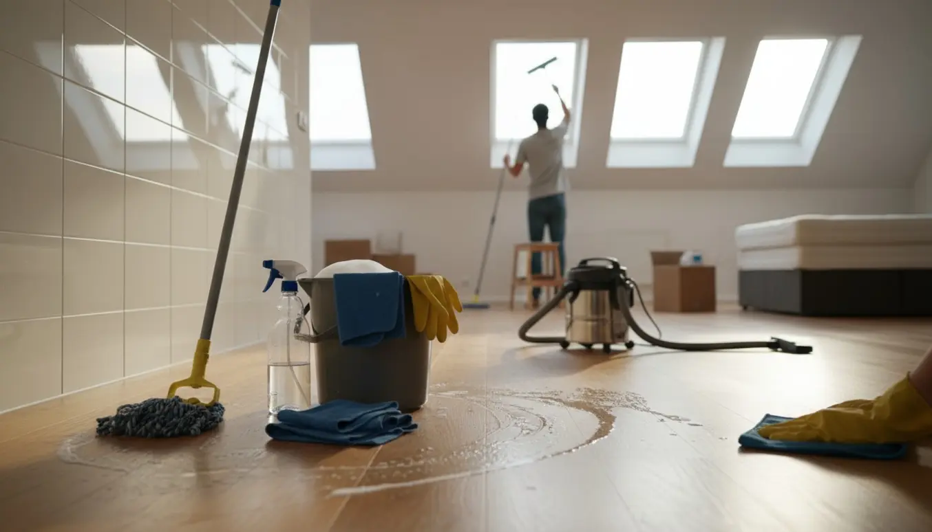 Slutrengøring i lejlighed med pudsede skråvinduer, skinnende trægulv og fliset badeværelse.