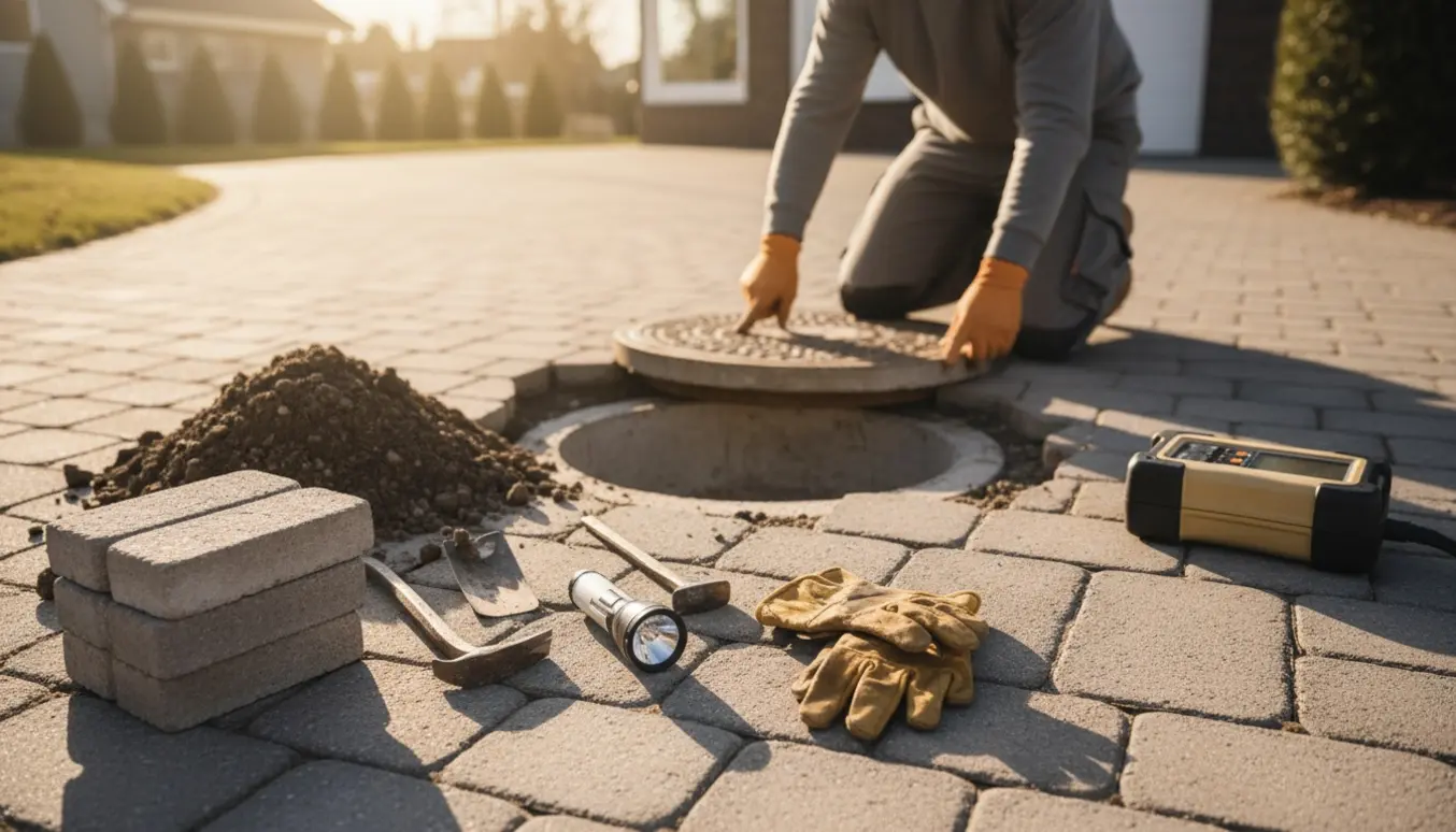 Delvist afdækket kloakbrønd under indkørselsfliser med værktøj og en håndværker uden synligt ansigt.