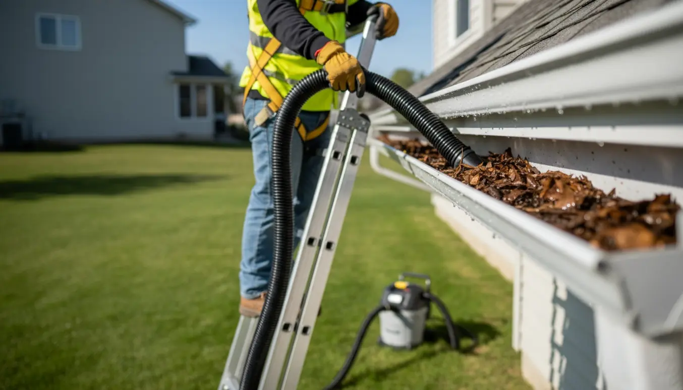 Person renser tagrenden fra en stige med sugeslange og handsker, uden forhindringer omkring.