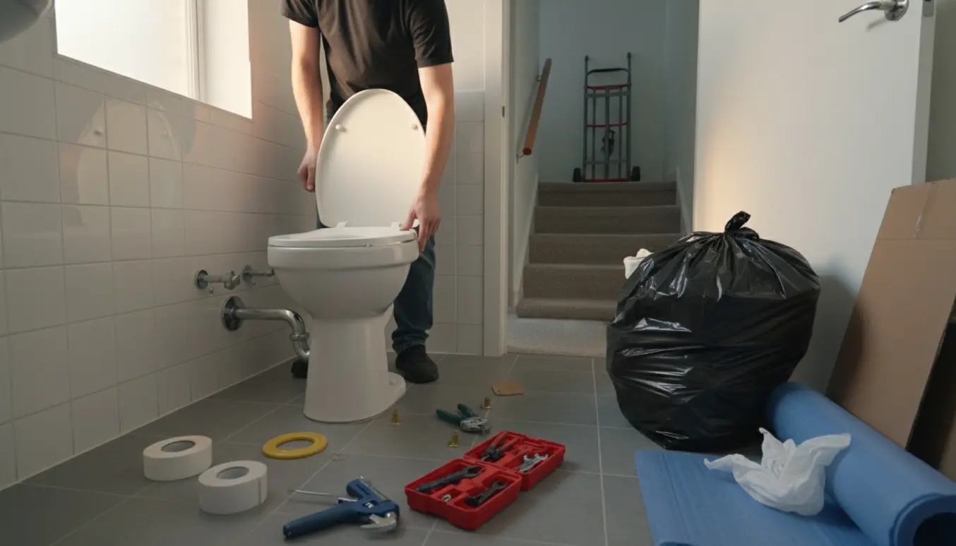 Nyt toilet monteres i et lille lejlighedsbadeværelse, det gamle toilet er pakket klar til bortskaffelse ved døren til trappen.