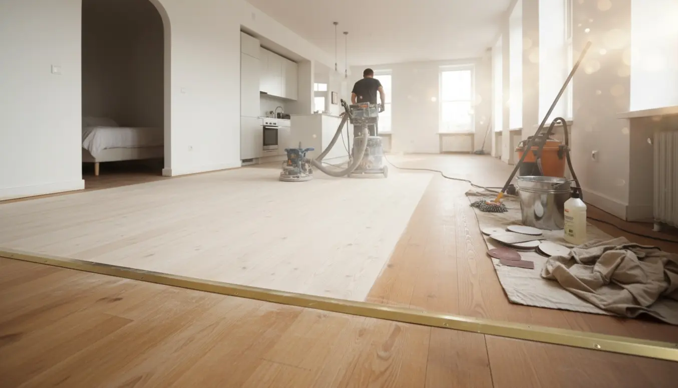 Foto af et trægulv under slibning i en lys lejlighed med slibemaskine, støvsuger og sæbebøtte i baggrunden.