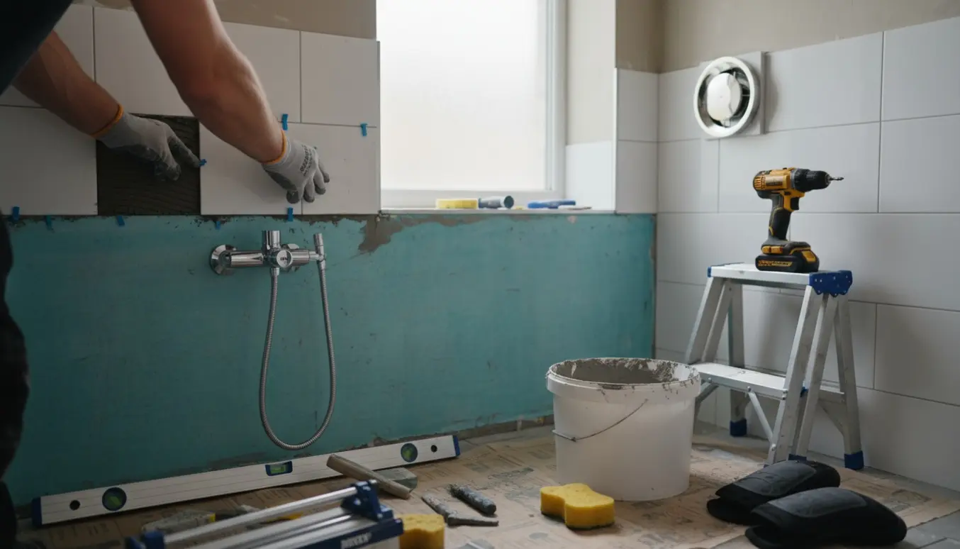 Håndværker sætter hvide 15x15 fliser op i et vådrum med synlig vådrumsmembran og nyt håndbruserarmatur.