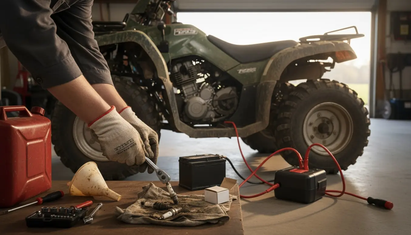 ATV i garage med åben motor, startkabler, nyt batteri og udtagne tændrør mens mekanikerhænder arbejder.