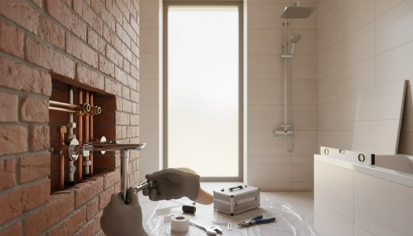 Hænder monterer et moderne krom vægarmatur i murstensvæg ved siden af en ny showerpipe i et flisebruseområde.