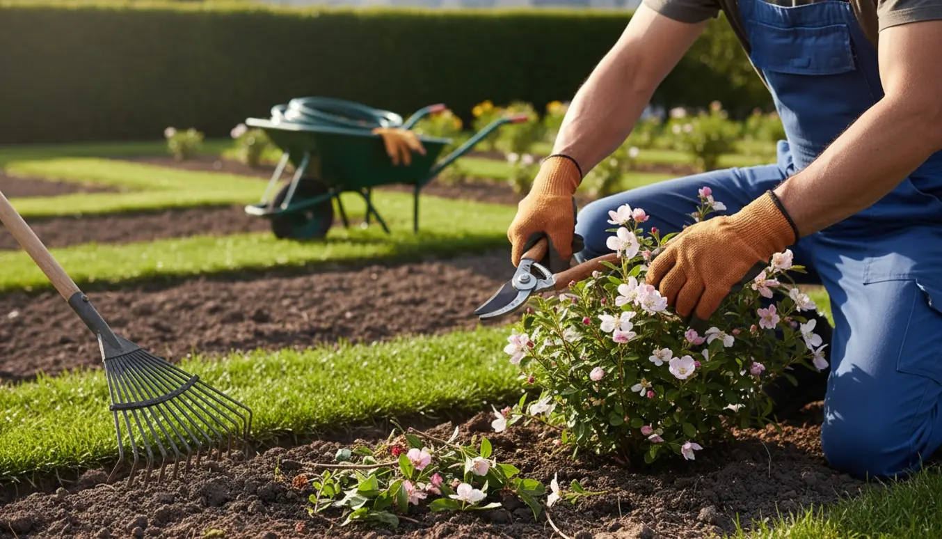 Nærbillede af en gartner i baghaven, der beskærer en busk med håndsakse omgivet af haveredskaber.