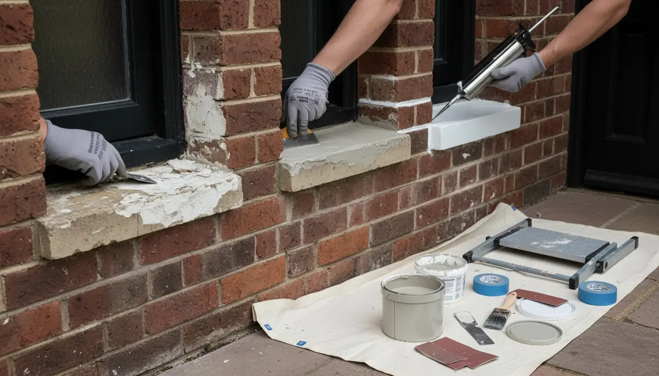 Tre små vindueskarme ved hoveddøren, hvor hænder i handsker skraber og spartler puds samt påfører ny fuge før maling.