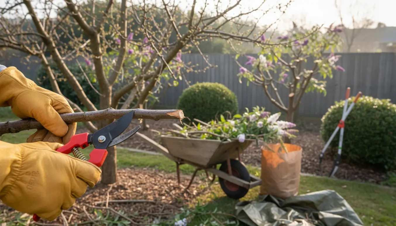 En have med beskårede blomme- og sommerfuglebuske, beskæringsværktøj og trillebør fyldt med afklip klar til bortskaffelse.