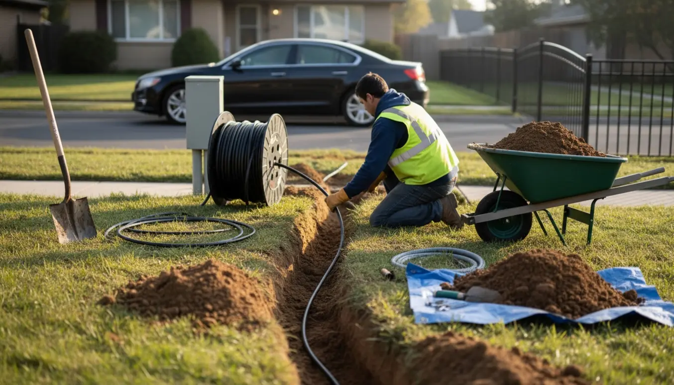 En rende graves fra elskabet mod grunden ved en sort bil, mens et elkabel lægges i jorden.