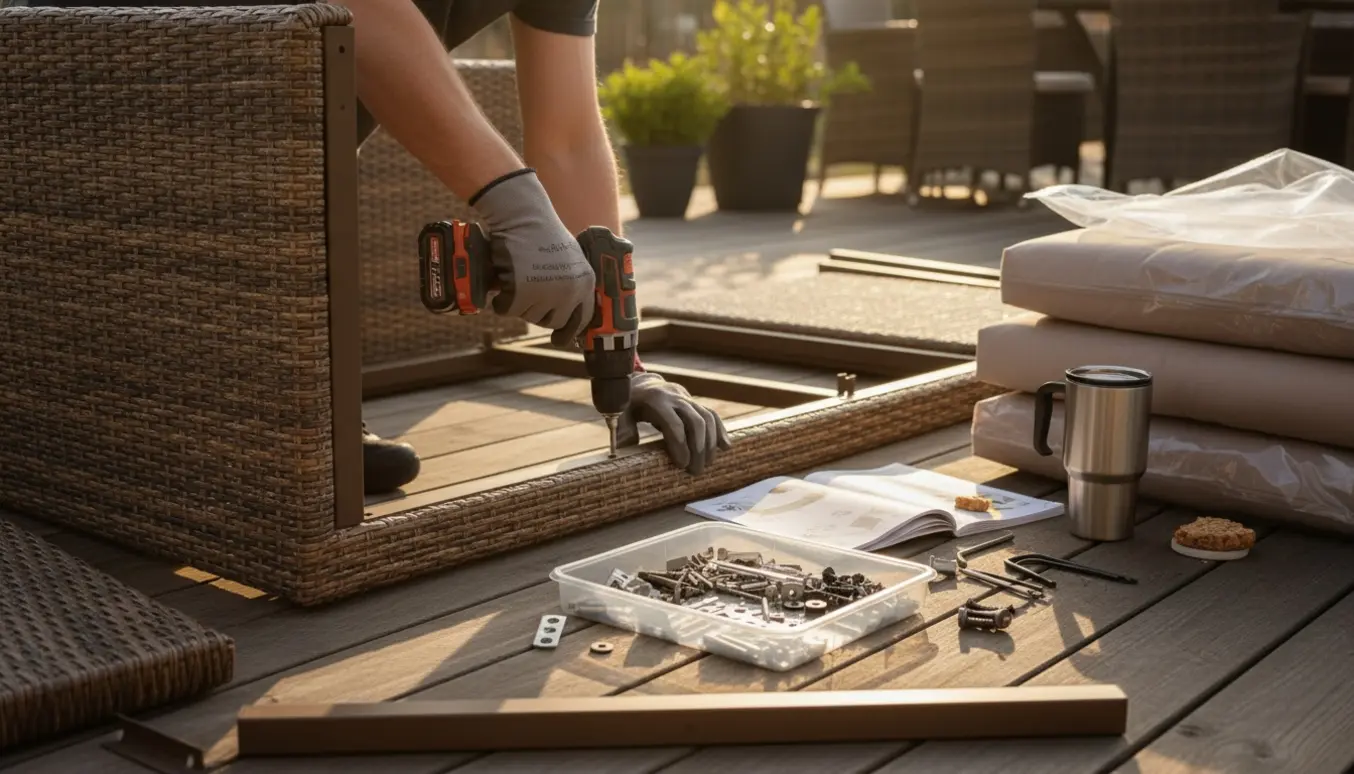 Hænder samler en udendørs rattansofa på en solbelyst terrasse med bore-/skruemaskine og en bakke fyldt med skruer.