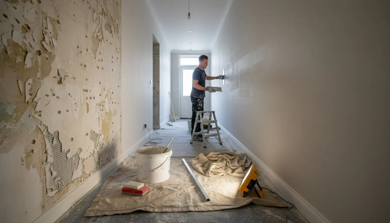 Lang gang hvor en hånd spartler væg efter tapetfjerning med synlig før-og-efter overflade.