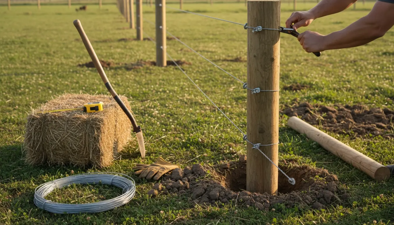 Opsætning af hestehegn på fladt terræn med hjørnestolper, tråd, værktøj og blød jord.