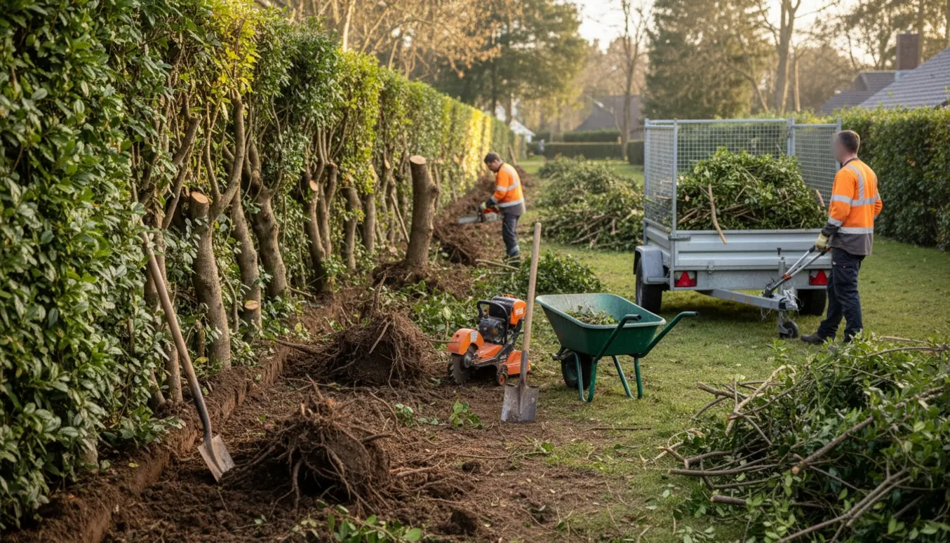 Lang ligusterhæk delvist fjernet med stakke af afklip, blottede rødder og redskaber langs en åben havegang.