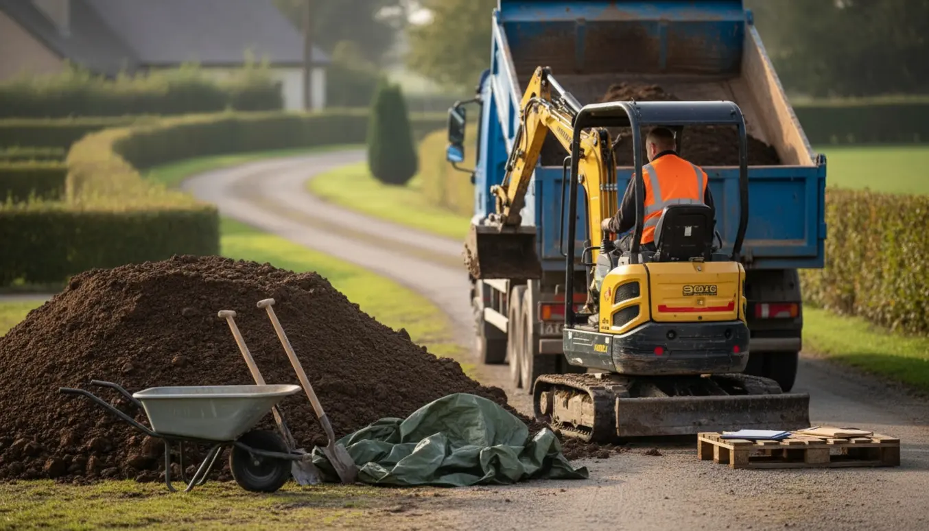 Stor bunke ren jord bliver lastet på en tipper lastbil ved indkørslen med en gravemaskine og værktøj i nærheden.
