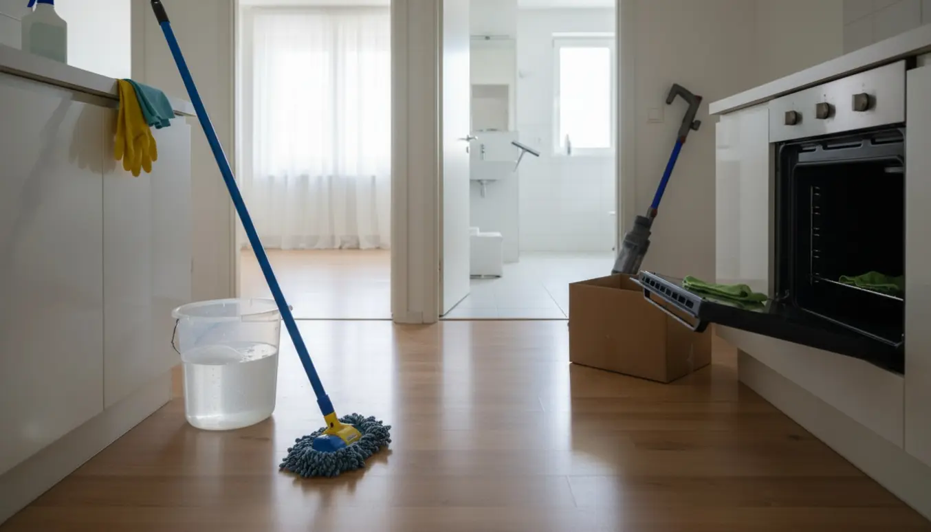 Tom toværelses lejlighed med rengøringsudstyr på nyvasket gulv, åben ovn og skinnende badeværelse.