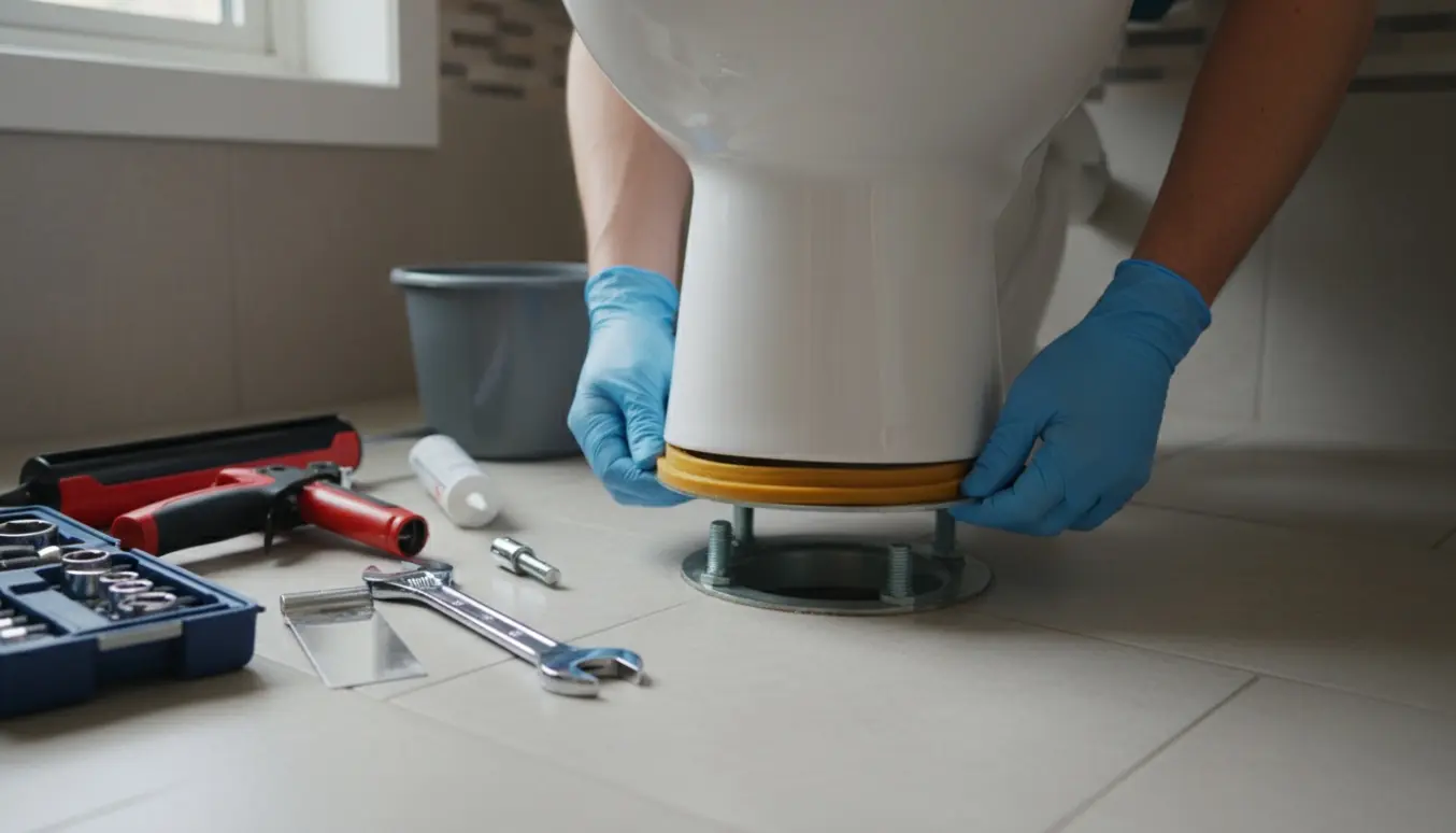 Et løftet toilet over en åben kloakflange med værktøj og silikone klar ved siden af.