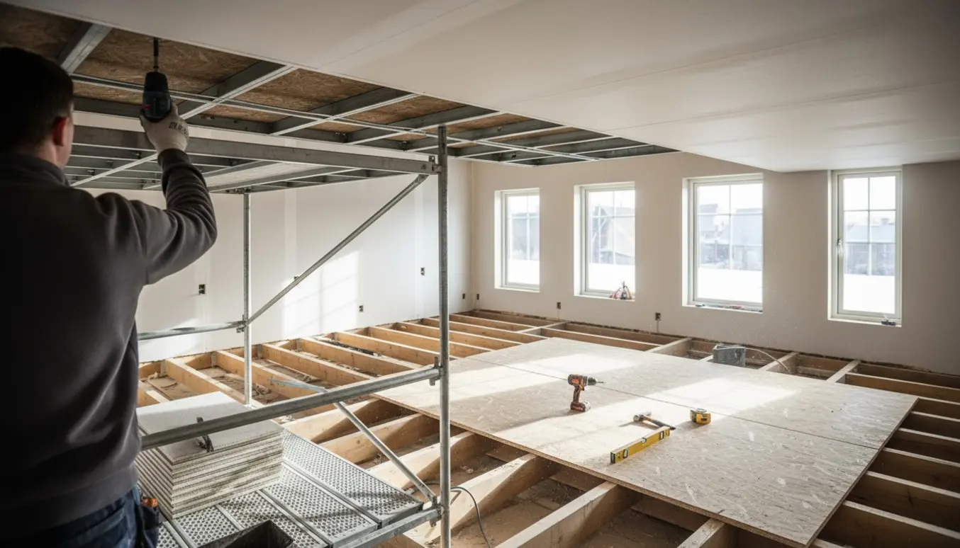 Indvendigt byggeprojekt med gipsloft under montering, opbygning af trægulv og nyinstallerede vinduesrammer.