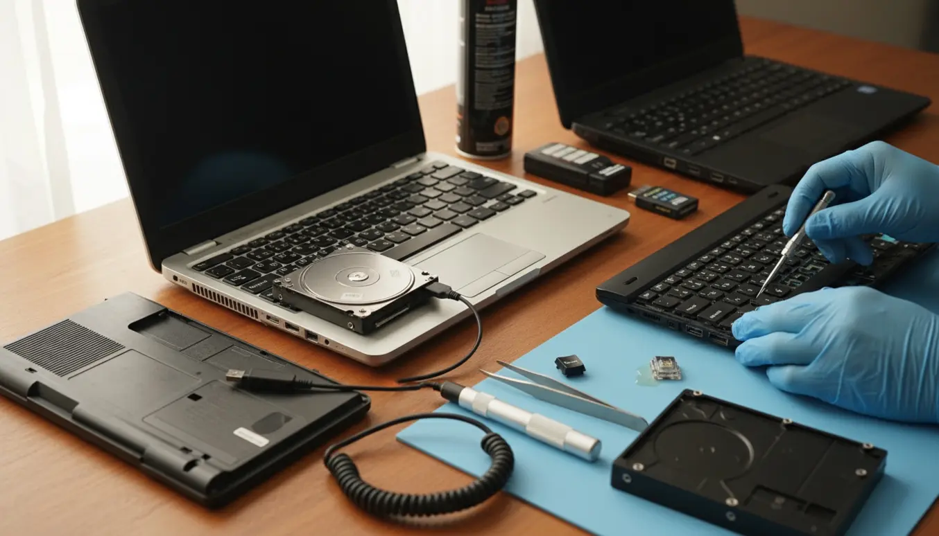 To gamle bærbare på et arbejdsbord med en harddisk tilsluttet via adapter og en løs tast placeret med tastelåget vendt nedad, omgivet af reparationsværktøj.