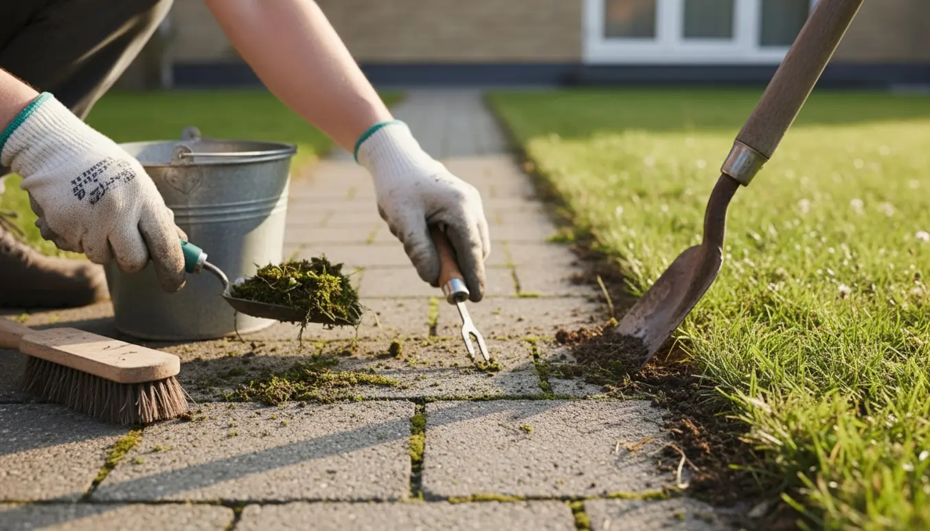 Hænder i handsker luger ukrudt og fjerner mos mellem fliser og stikker kanten op langs græsplænen foran huset.