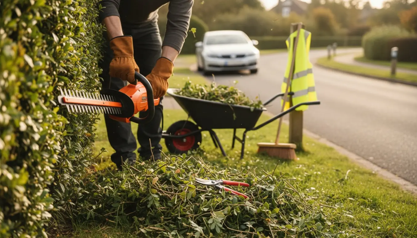 Person beskærer buske langs vejen med hækkeklipper og bunke af afskårne grene på rabatten.