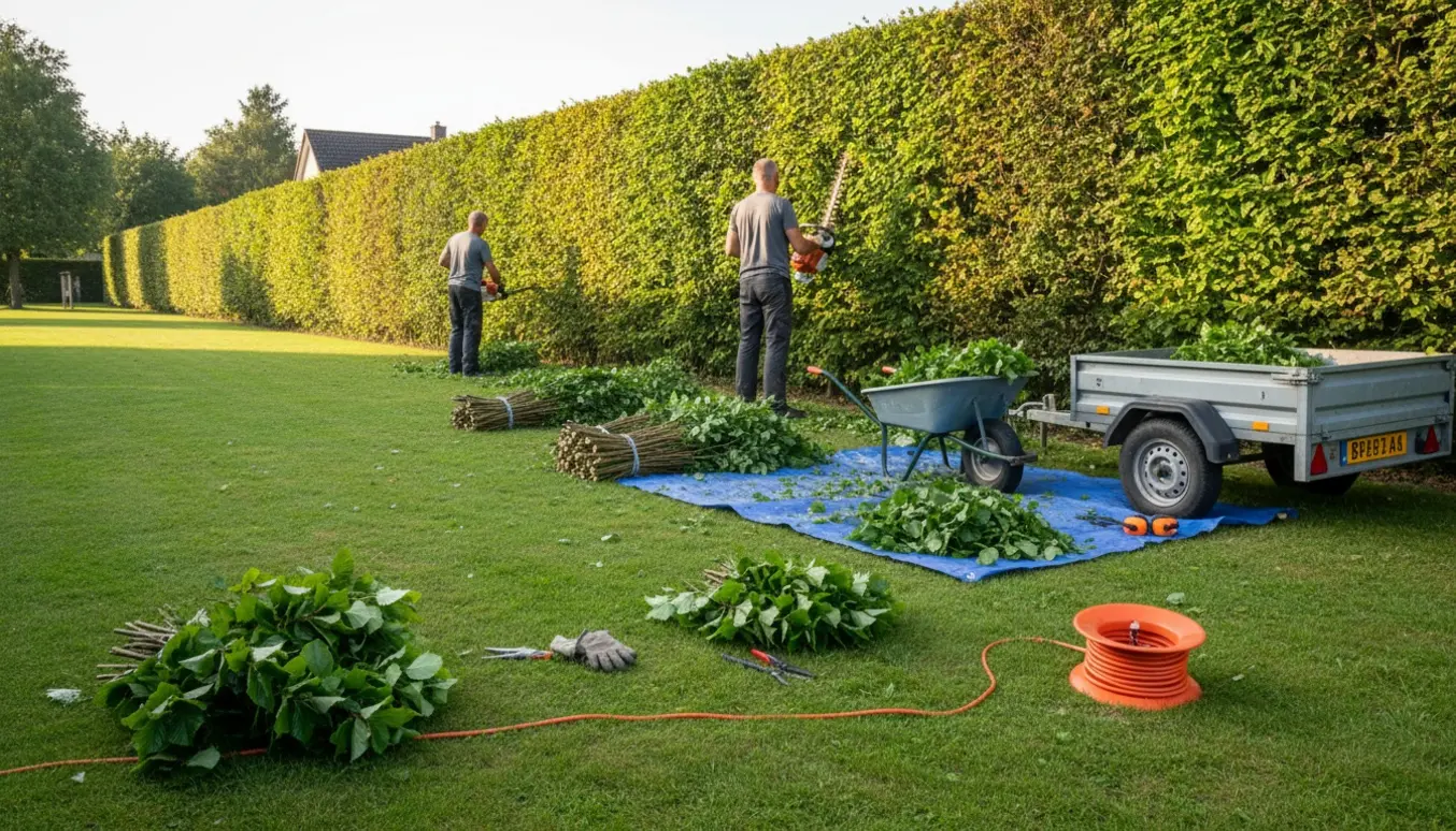 Lang bøgehæk på cirka 2,2 m bliver klippet og afklip læsset på trailer i en villahave.