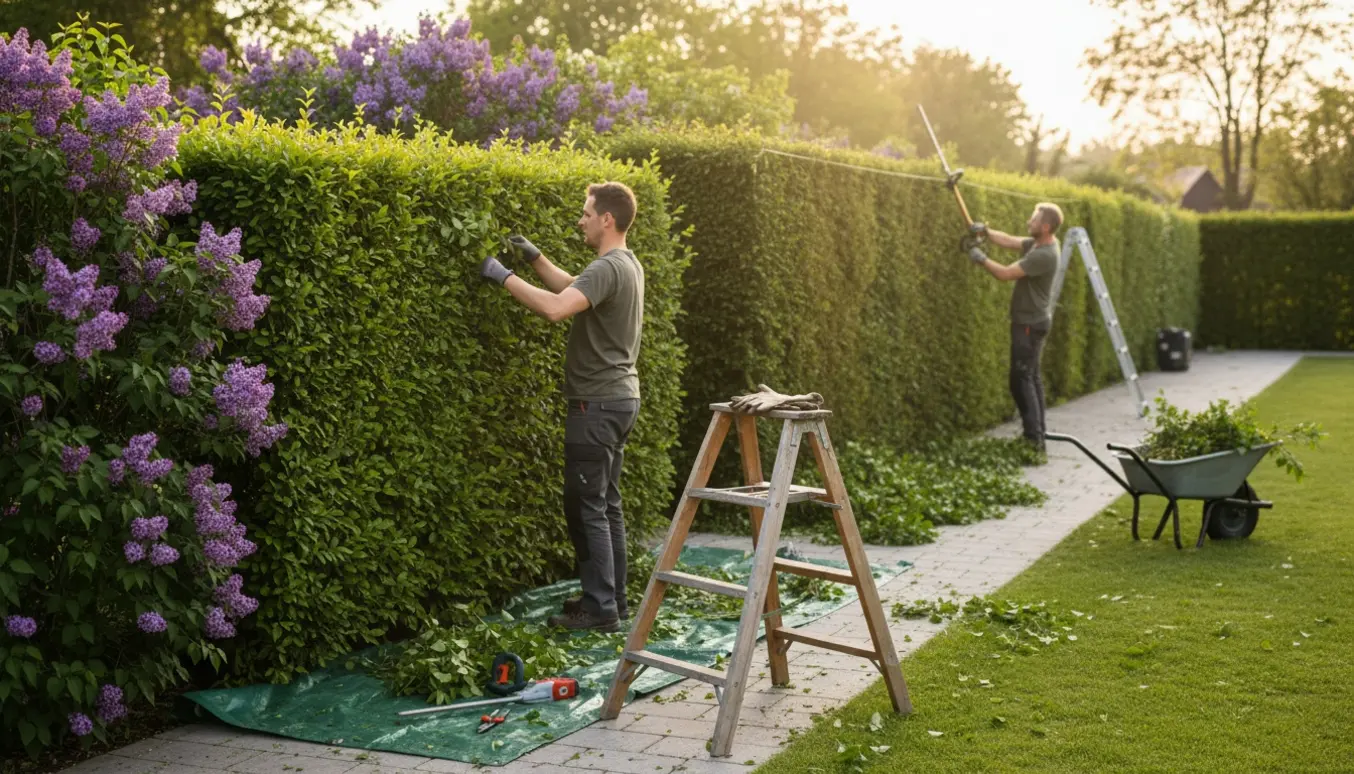 To lange hække klippes i en have med stanghækkeklipper, stige og opsamlet grønt affald.