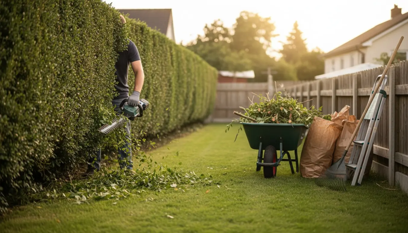 En person klipper en hæk med en hækkeklipper, mens grønt affald samles i en trillebør og i poser.