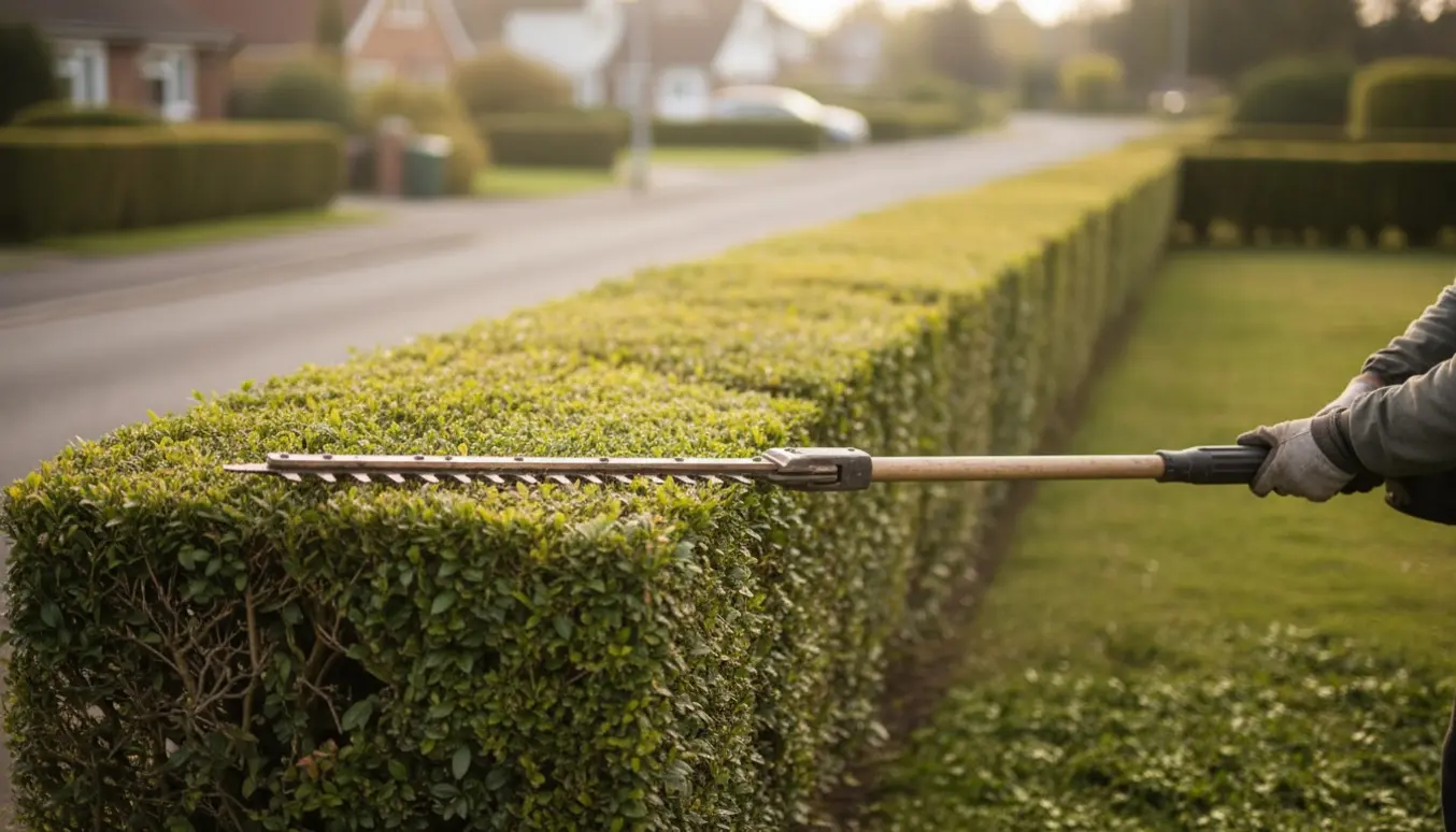 Set fra indersiden: en person med forlænget hækkeklipper færdiggør toppen af en lang ligusterhæk, med afklip liggende ved hækken.