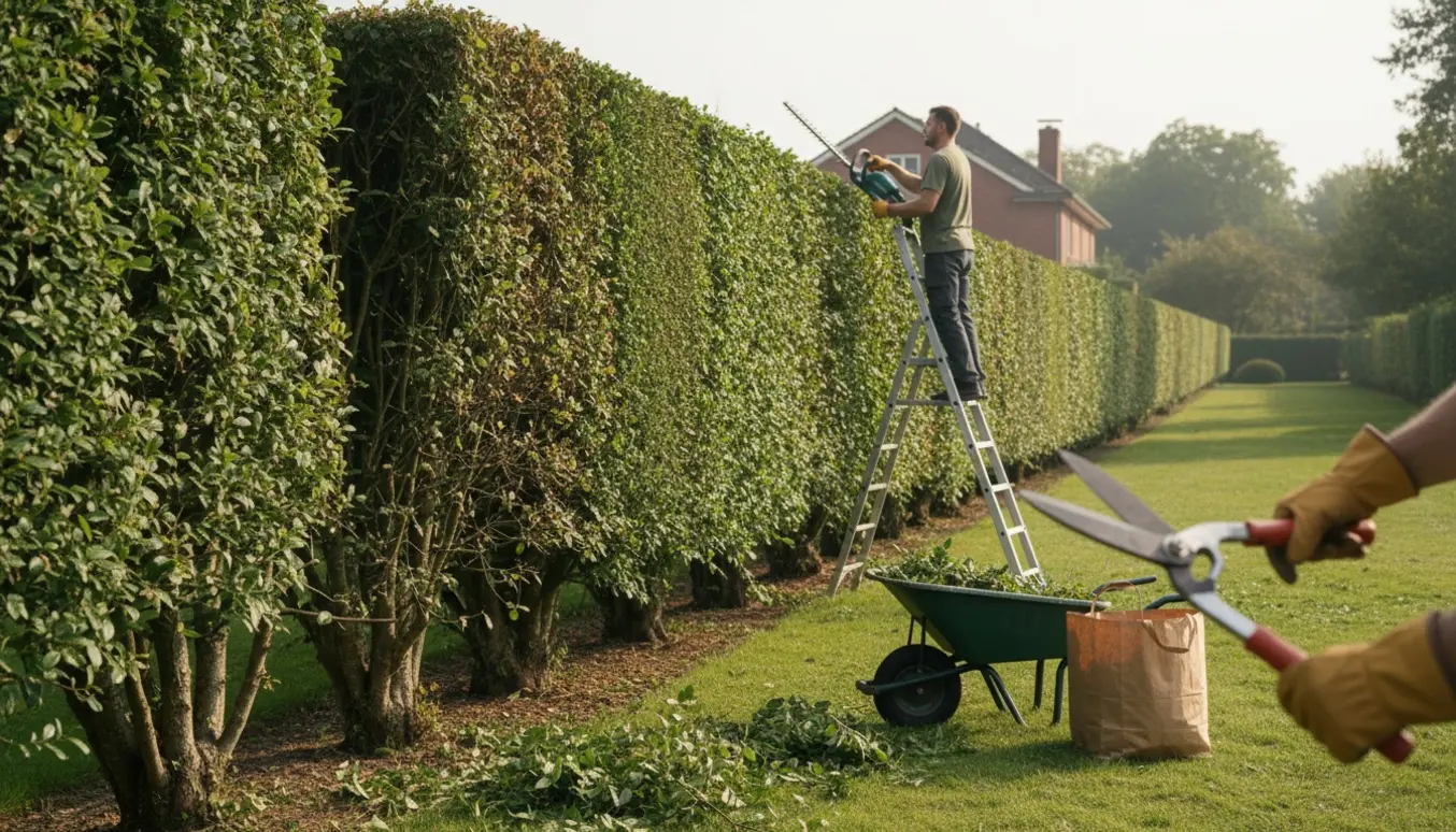 En lang, høj hæk bliver klippet fra en stige med hækkeklipper, med skårne kviste samlet i trillebør og poser.