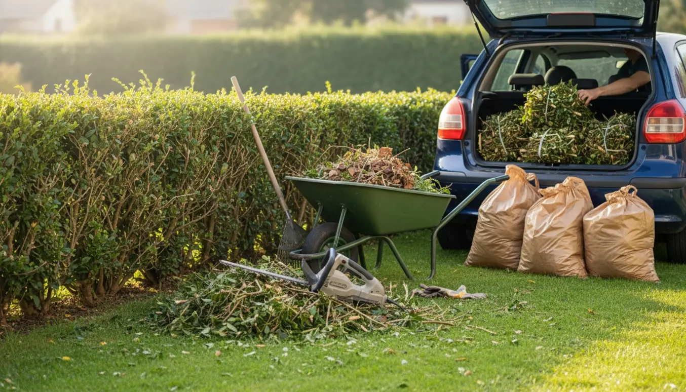 Nyslået hæk i en lille have med hækkeklipper, trillebør og poser med haveaffald klar til aflevering.