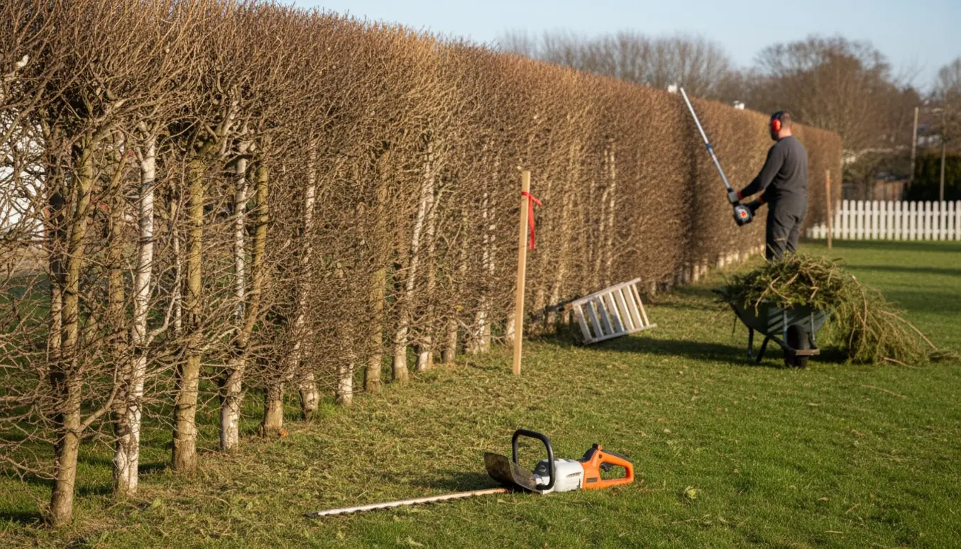 Teleskop-hækkeklipper trimmer en lærkehæk set bagfra, med nyligt klippet top og bunke af afklip langs havelinjen.