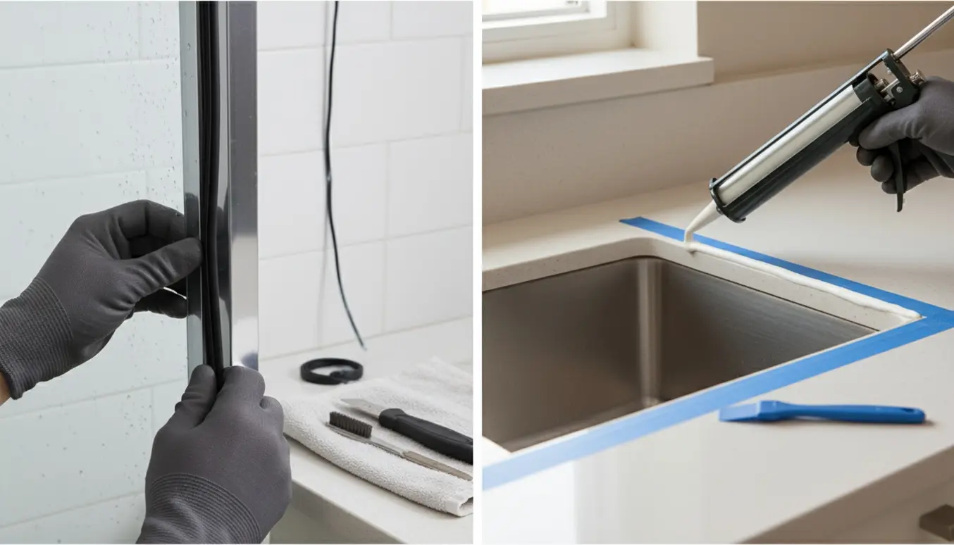 Nærbillede af hænder, der indsætter nye gummilister i en brusekabine og fuge tæt på køkkenvasken.