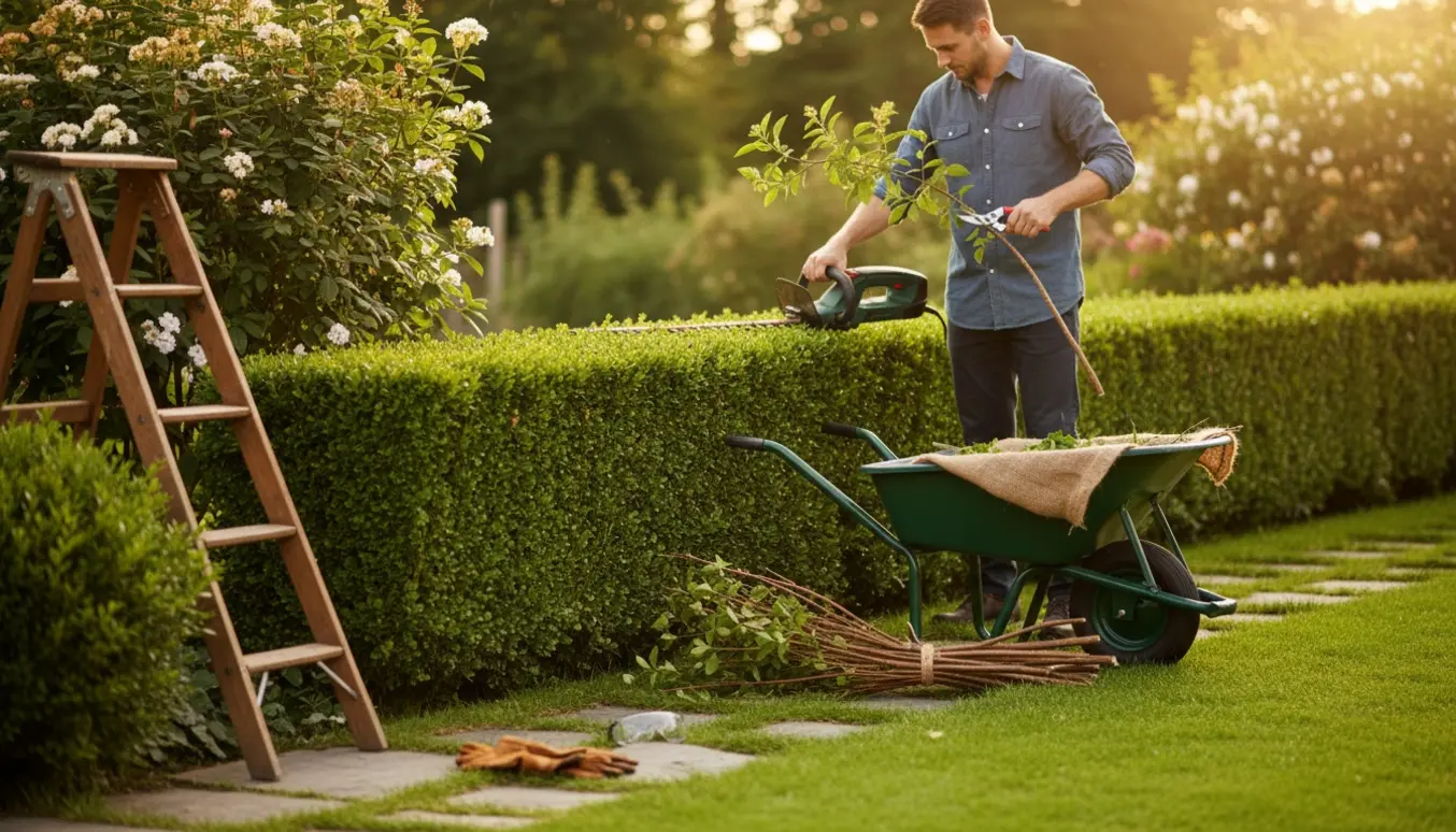 Hækkeklipning og beskæring i en soloplyst have med værktøj og afklip samlet i en trillebør.