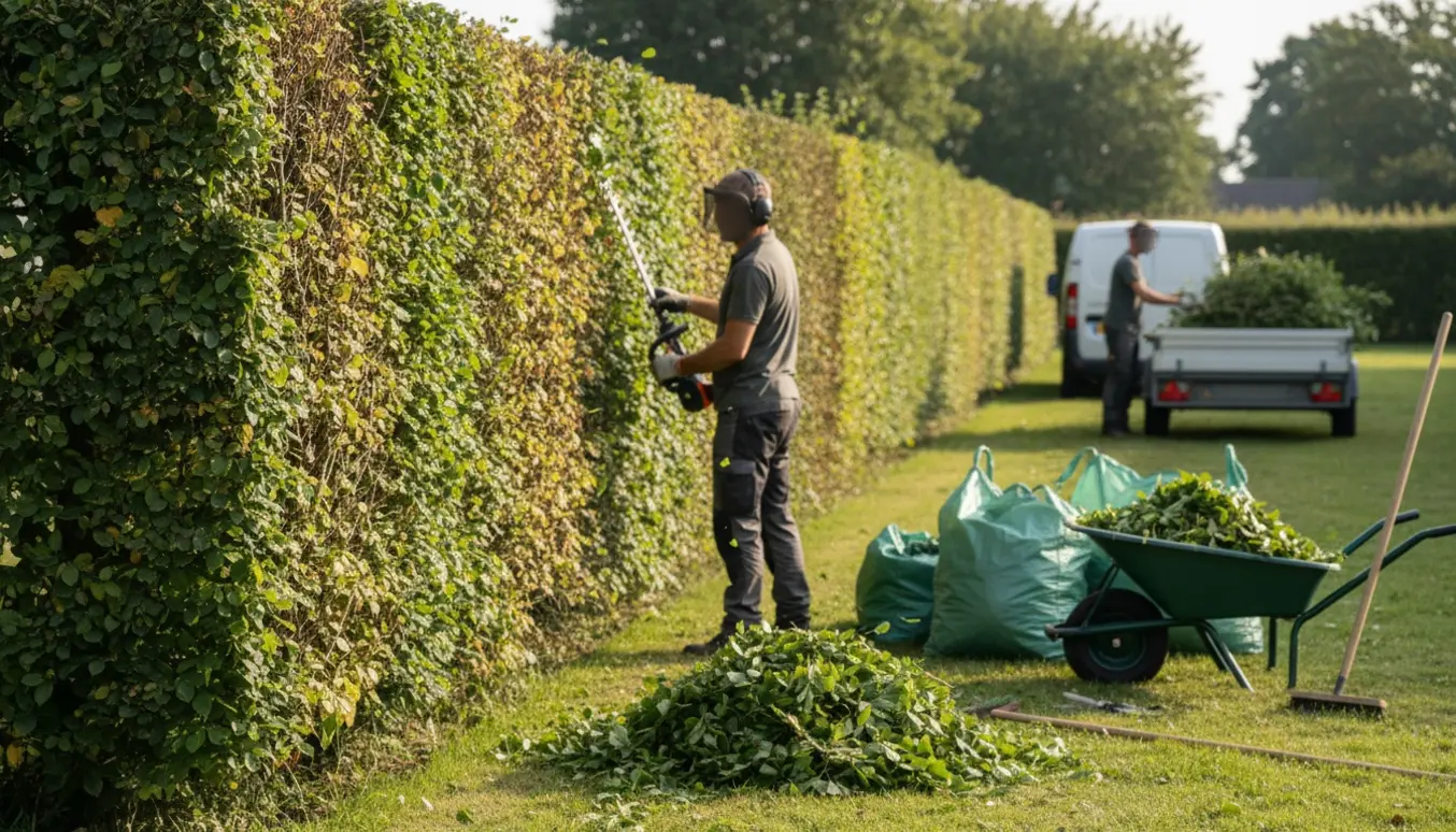Havearbejder klipper en lang, cirka to meter høj bøgehæk med hækkeklipper, afklip i trillebør og trailer i baggrunden.