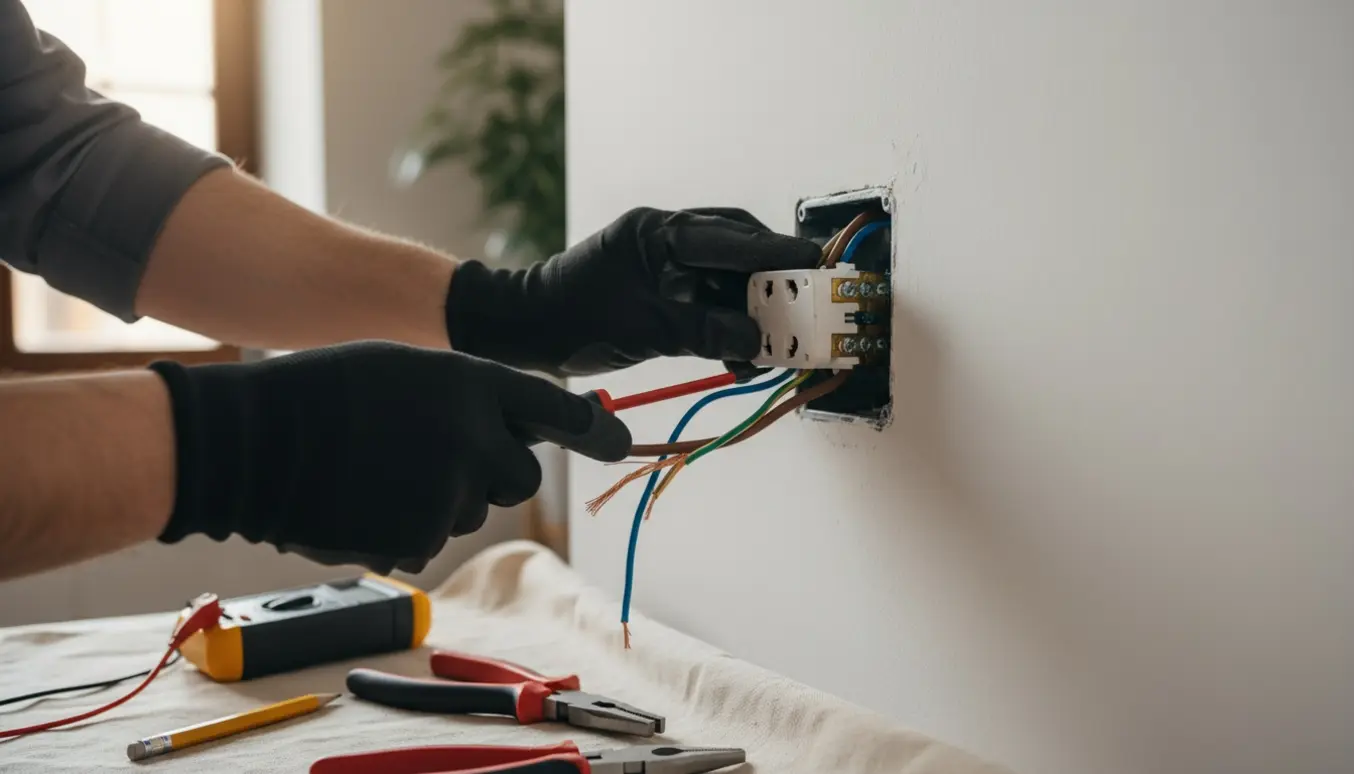 Nærbillede af hænder, der installerer en stikkontakt i en væg med ledninger og værktøj.