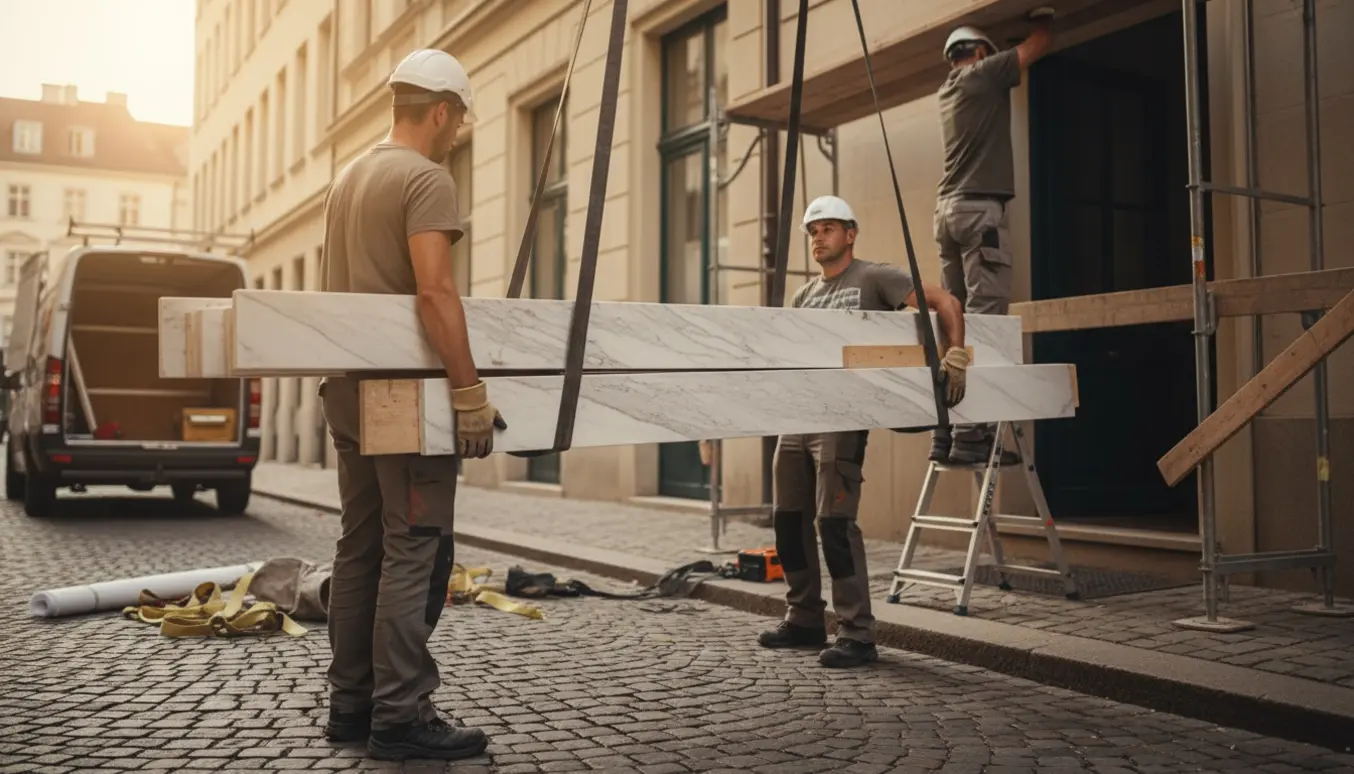 Tre lange marmorplader bæres op til 1. sal på seler og straps af arbejdere med beskyttelse, set fra gadeplan.