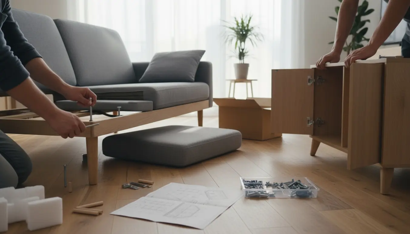 Hænder samler en 2-personers flatpack-sofa og et delvist samlet skab i en lys stue med værktøj og dele på trægulvet.