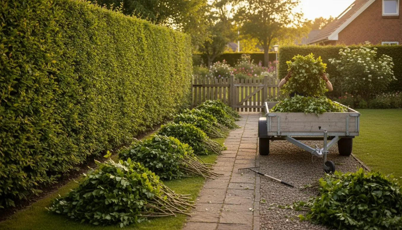 Pæne bunker af nyklippet bøgehæk ved en trailer i baghaven, klar til afhentning.