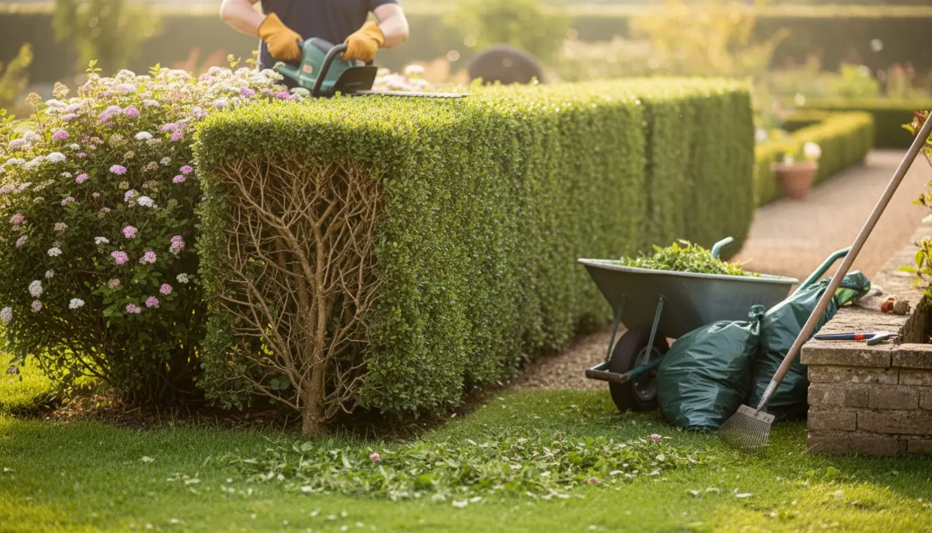 Nyklippede liguster- og spireahække med trimmerværktøj og fyldt trillebør klar til afhentning af haveaffald.