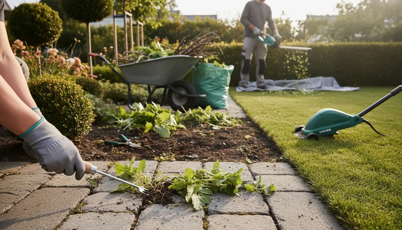 Nærbillede af haveredskaber og hænder, der fjerner ukrudt mellem fliser med nyslået hæk og trimmede buske i baggrunden.