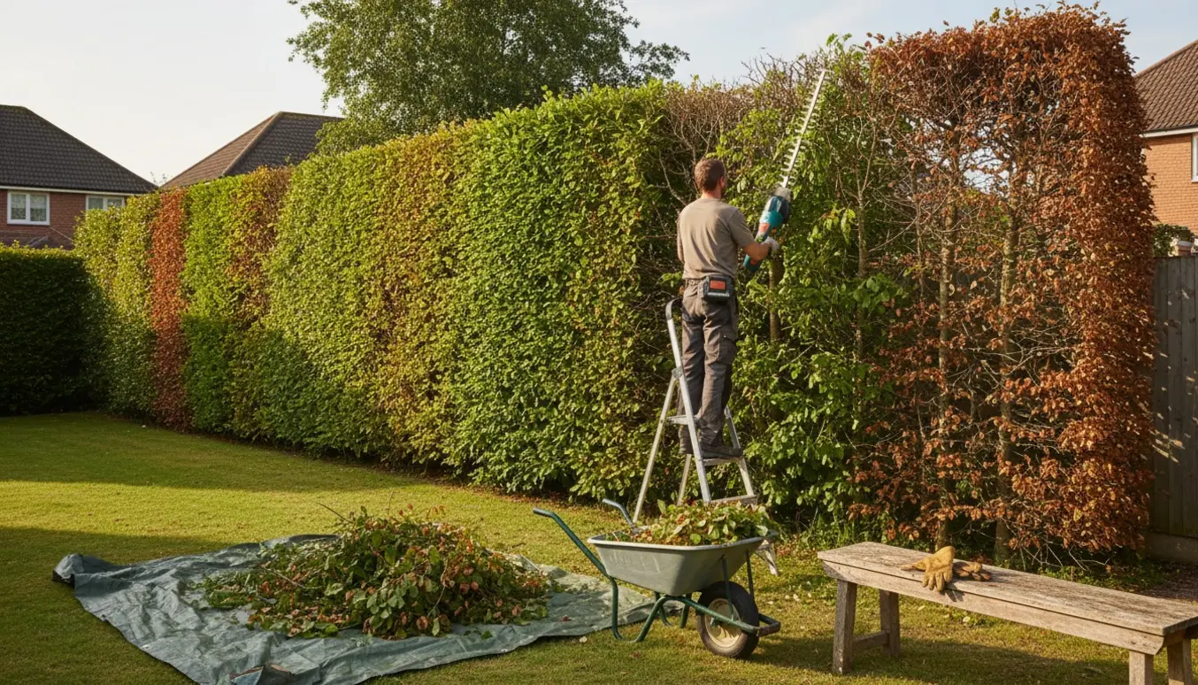 En person trimmer en fire meter høj bøgehæk med en langskæftet hækkeklipper, og friske klip samlet i en trillebør.