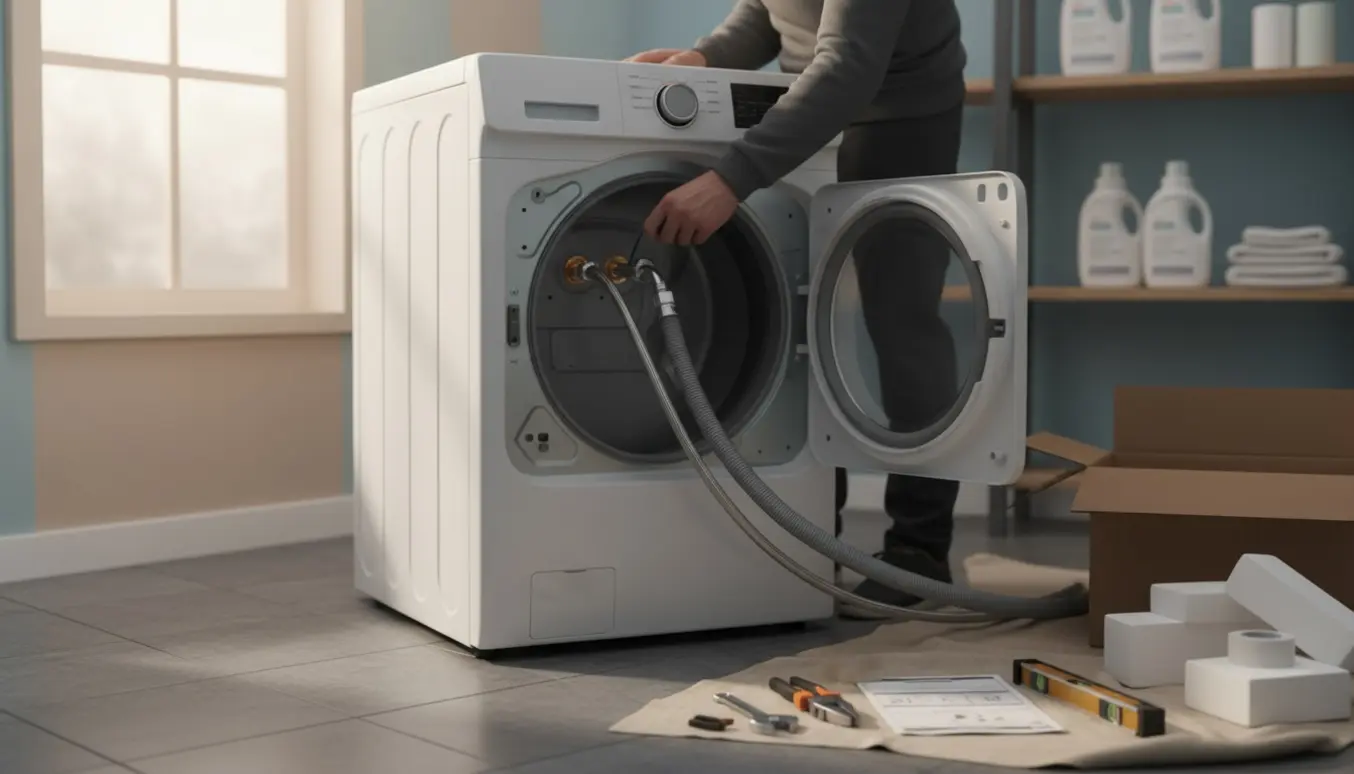 En tekniker tilslutter vand- og afløbsslanger til en hvid frontbetjent vaskemaskine i et lyst bryggers.