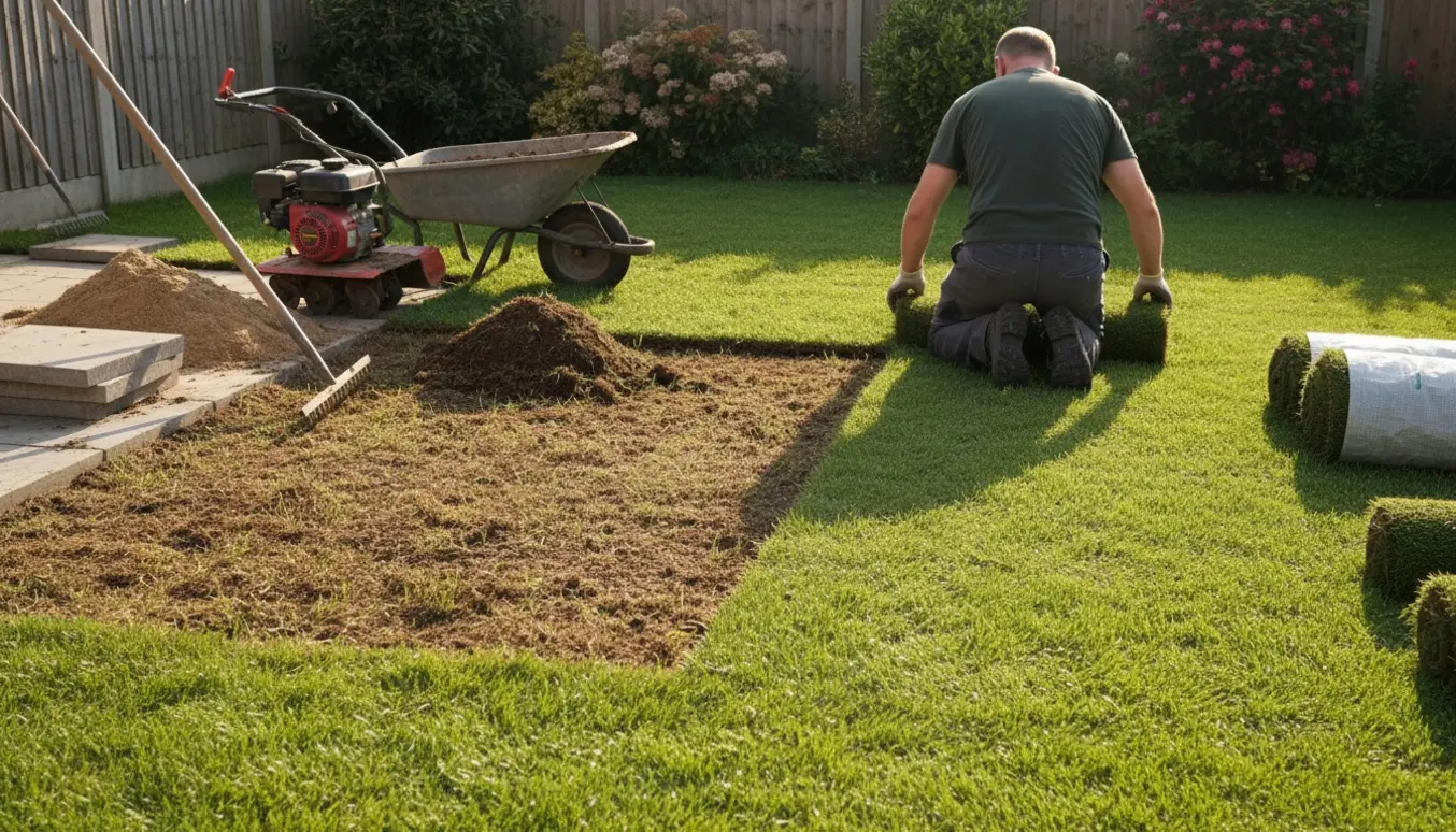 Frisk rullegræs lægges i en lille baghave med fjernede fliser, redskaber og maskiner klar.