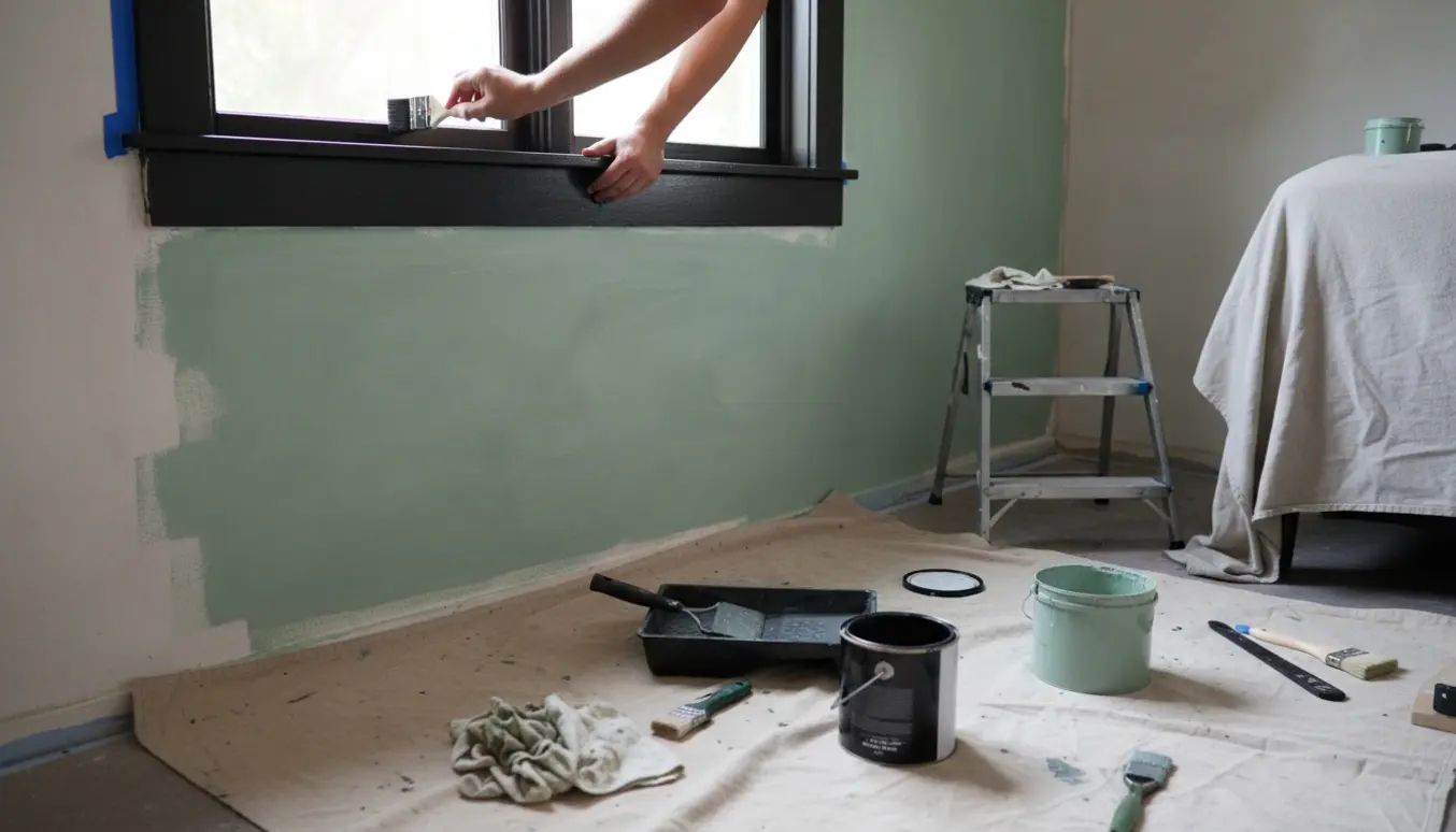 Et lille værelse under kalkmaling, hvor hænder maler vægge i blød grønblå farve og vindueskarm er mat sort.