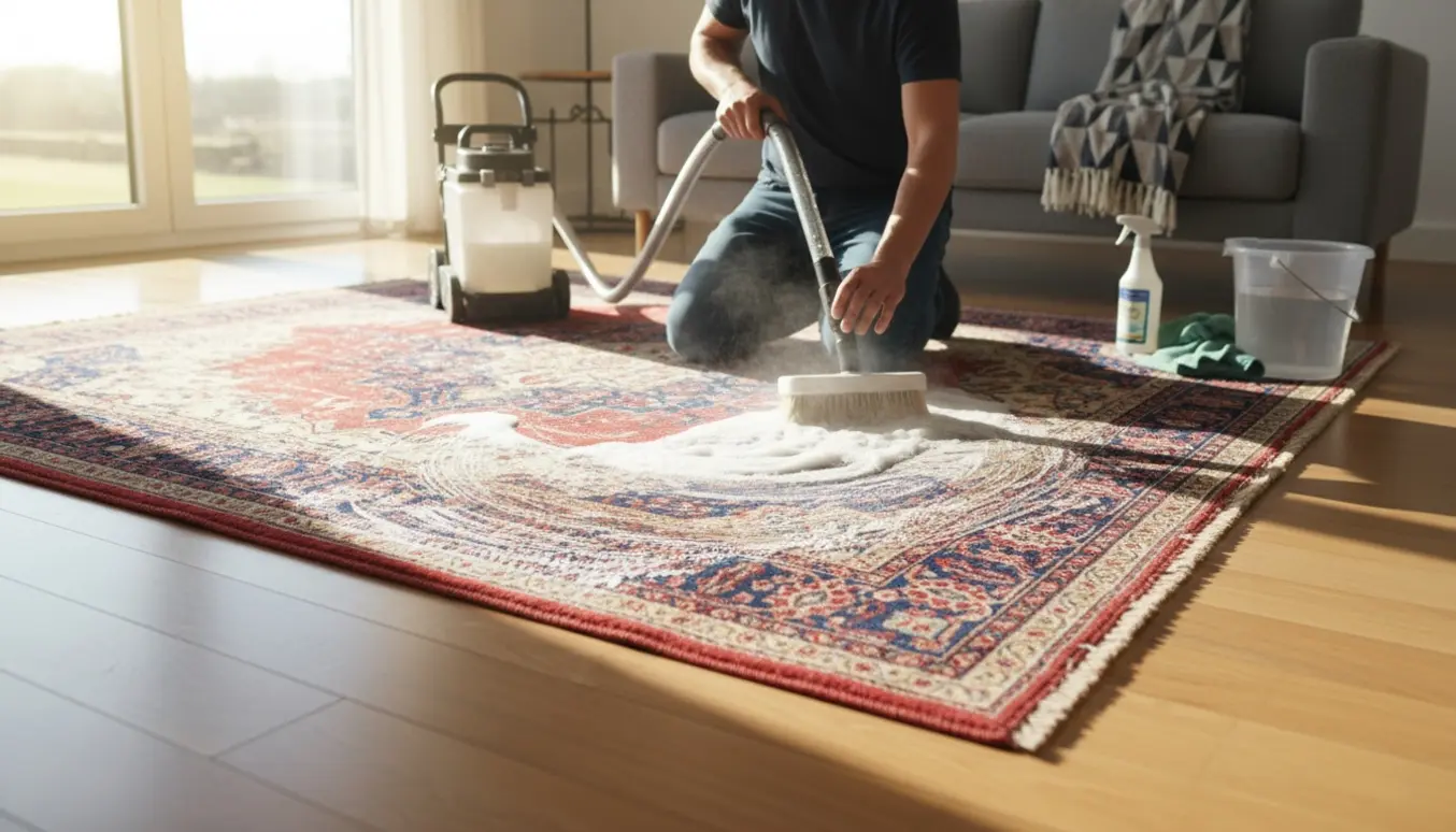 Et stort tæppe på 220 x 160 cm rengøres på et trægulv med en tæpperenser og børste.