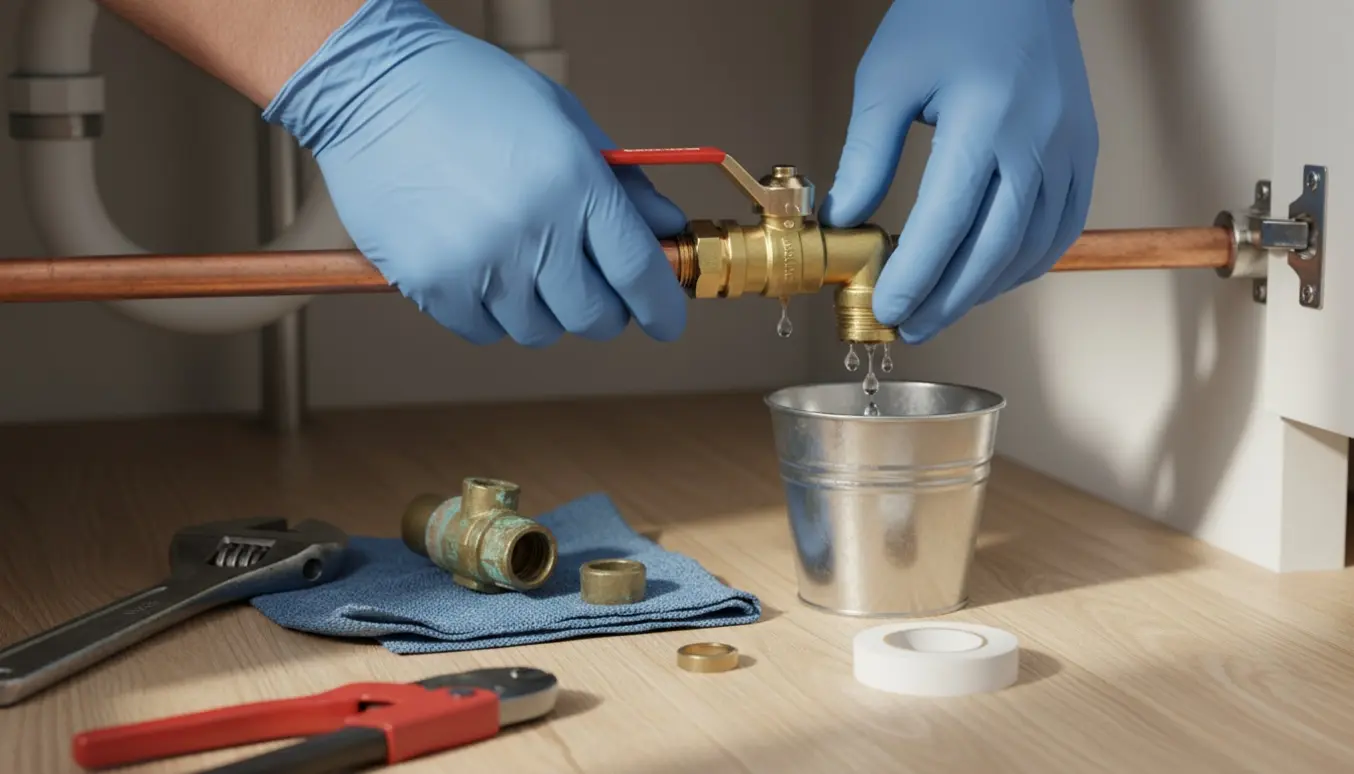 Hænder udskifter en Balofix-ventil under en vask med værktøj og en spand til at opsamle vand.