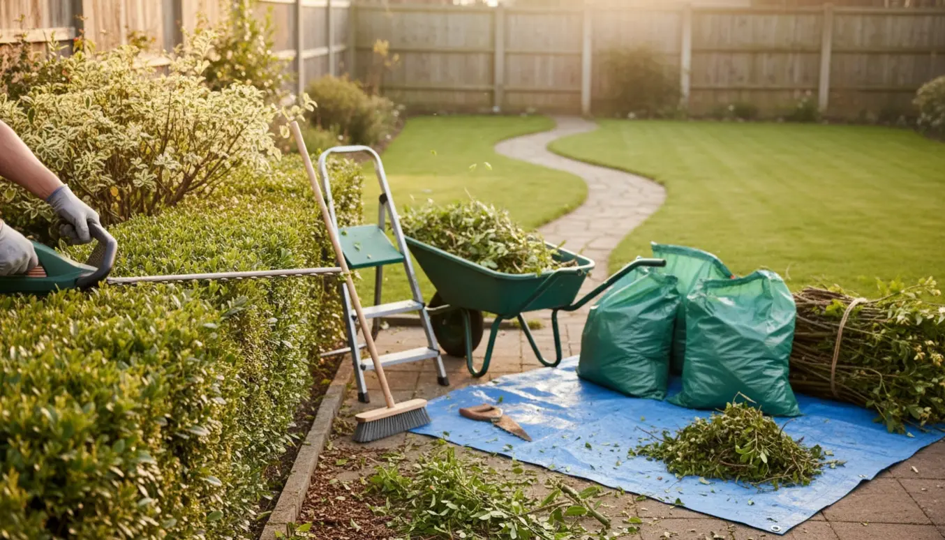 Nærbillede af hækklipning og beskæring med hækkeklipper, grensaks og trillebør fyldt med grønt affald.