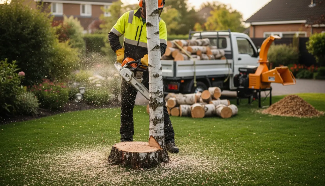 Halvfældet birketræ med motorsav i aktion, stak af skårne birkestammer og lastbil klar til bortkørsel.