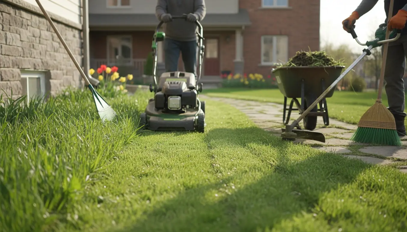 Plæneklipper fjerner langt græs rundt om et hus, med trillebør fyldt med ukrudt og haveredskaber ved siden af.