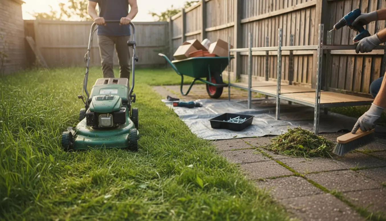 Baghave hvor højt græs slås, ukrudt fejes væk fra fliser, og en udendørs reol samles.