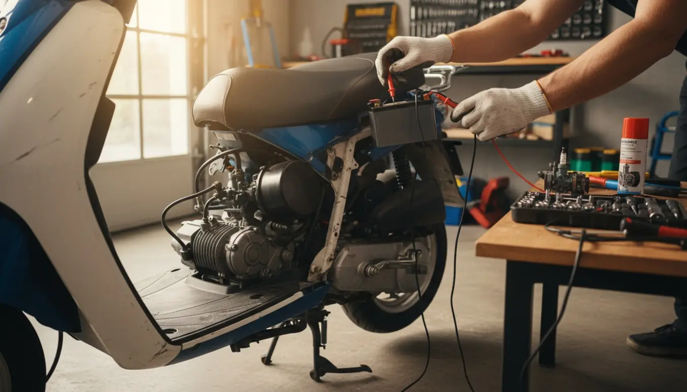 Nærbillede af en knallert med åben motor i en garage, hvor hænder tester tændrør og batteri med multimeter.